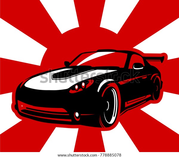 car on a background of red sun. White background.\
Japan. Black sports car.