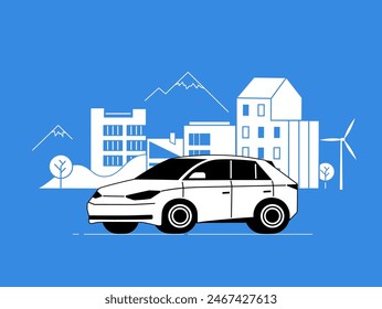 The car on the background of the urban landscape. Line style. Urban infrastructure.