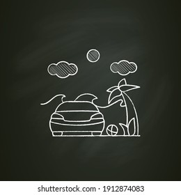 Car on beach chalk icon. Rest on beach near comfortable car concept. Enjoy summer season, looking at waves, laying under palm tree. Isolated vector illustration on chalkboard