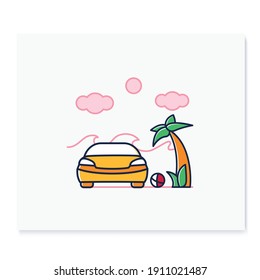 Car on beach glyph icon. Rest on beach near comfortable car concept. Enjoy summer season, looking at waves, laying under palm tree. Isolated vector illustration