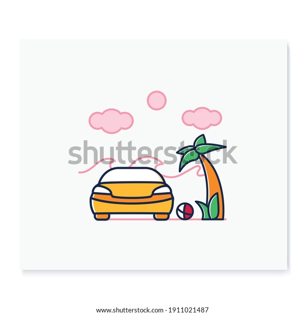 Car on beach glyph icon.\
Rest on beach near comfortable car concept. Enjoy summer season,\
looking at waves, laying under palm tree. Isolated vector\
illustration