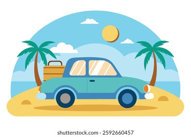 Car on the Beach: Time to Travel - A Trip on Vacation Vector Illustration