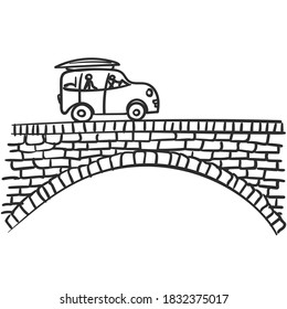 Car on bridge doodle, Small vehicle with two stick figure and luggage rack box on roof traveling on arched brick bridge, Illustration isolated road trip cartoon, Vector sketch