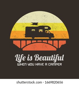 Car On Bridge. Man Silhouette In Camper. Road Trip. Retro Background