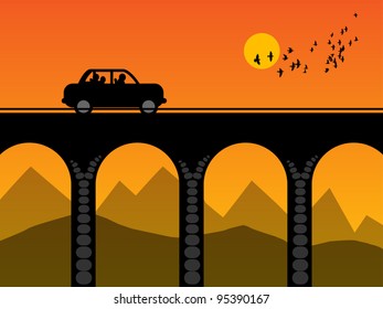 Car on the bridge, vector illustration