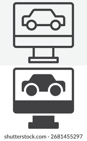Car on computer monitor different style icon set. Outline line and solid glyph editable stroke vector sign. Auto diagnostic test screen symbol icon.