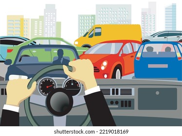 Car on the crossroads in traffic jam,, illustration