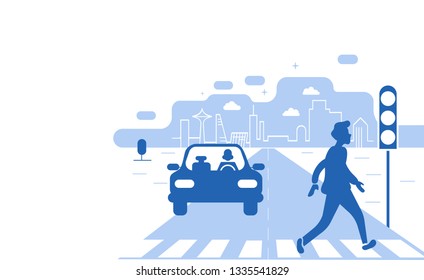 Car on crosswalk and pedestrian.Hands driving a car on the highway. Drive safely warning billboard.Flat vector illustration.Asphalt road with speed limit on highway car interior.Driving school