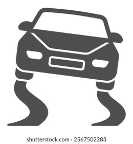 Car on danger slippery road solid icon, insurance event line and solid icon, Automobile, vehicle skidding high risk sign on white background, glyph style icon for mobile or web design