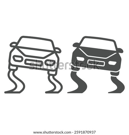 Car on danger slippery road line and solid icon, insurance event line and solid icon, Automobile, vehicle skidding high risk sign on white background, outline style icon for mobile or web design