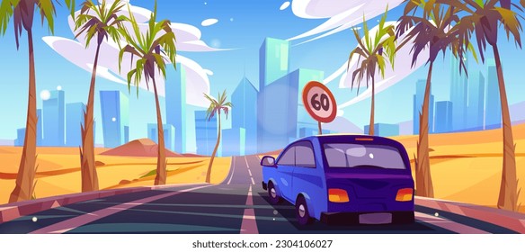 Car on desert road vector background. Highway with city skyline and palm tree perspective view. Vehicle drive to Las Vegas on asphalt traffic way and sand nature landscape horizontal illustration.
