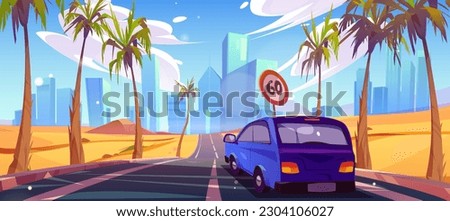 Car on desert road vector background. Highway with city skyline and palm tree perspective view. Vehicle drive to Las Vegas on asphalt traffic way and sand nature landscape horizontal illustration.