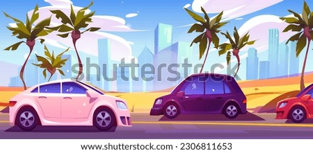 Car on desert road vector background. Highway with city skyline and palm tree perspective view. Vehicle drive to Las Vegas on asphalt traffic way and sand nature landscape horizontal illustration.