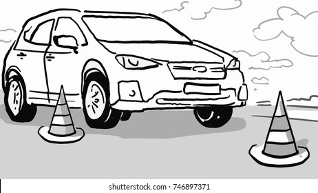 A car on the driving test road with road cones black and white vector sketch. Simple drawing. 