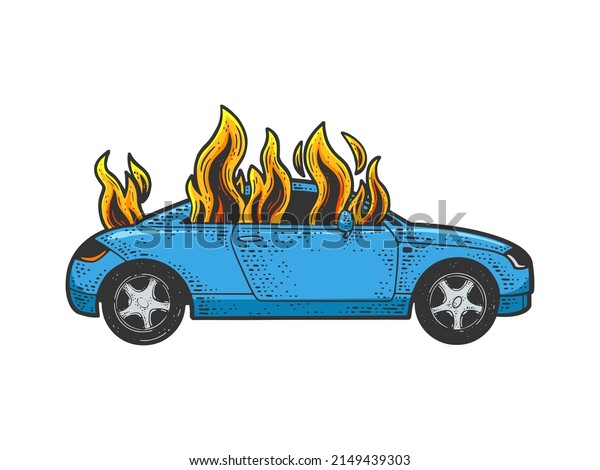 car on fire color sketch engraving vector\
illustration. T-shirt apparel print design. Scratch board\
imitation. Black and white hand drawn\
image.
