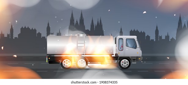 The car is on fire. The concept of a car accident with a canister. Vector