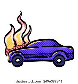 Coche en llamas icono de medio tono dibujado a mano Ilustración vectorial de color