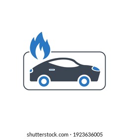 Car On Fire Icon. Auto Collision, Fire Protection Car Icon.