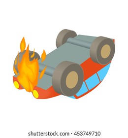 Car is on fire icon in cartoon style isolated on white background. Disaster symbol