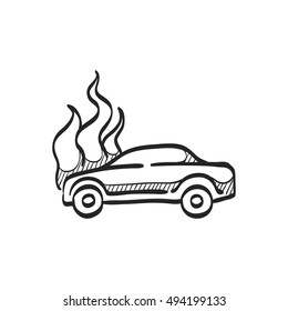 Car on fire icon in doodle sketch lines. Automotive transportation accident accident burned insurance claim