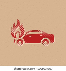 Car on fire icon in halftone style. Grunge background vector illustration.