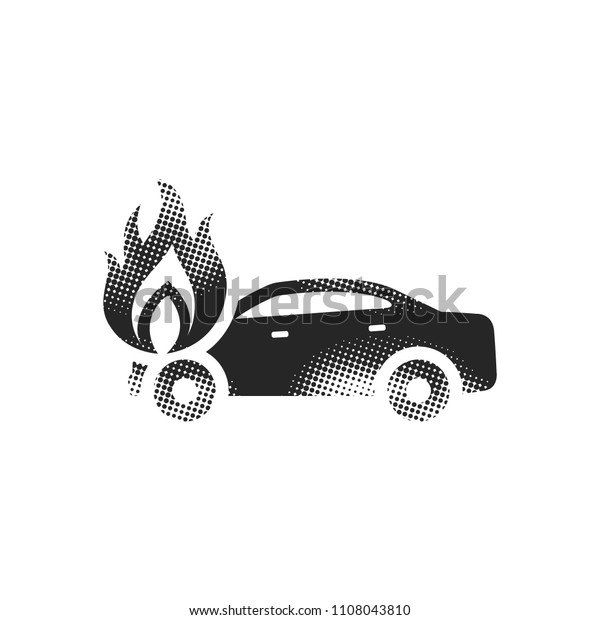 Car on fire icon in halftone style. Black\
and white monochrome vector\
illustration.