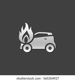 Car on fire icon in metallic grey color style. Automotive accident accident