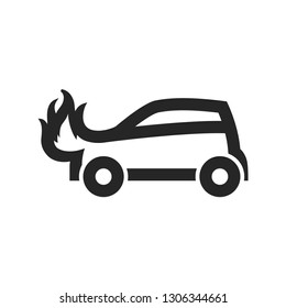 Car on fire icon in thick outline style. Black and white monochrome vector illustration.