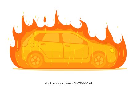 Car on fire. Isolated vector car on fire traffic accident or vandalism problem. Broken burning auto covered with fire and smoke road trouble illustration on white background