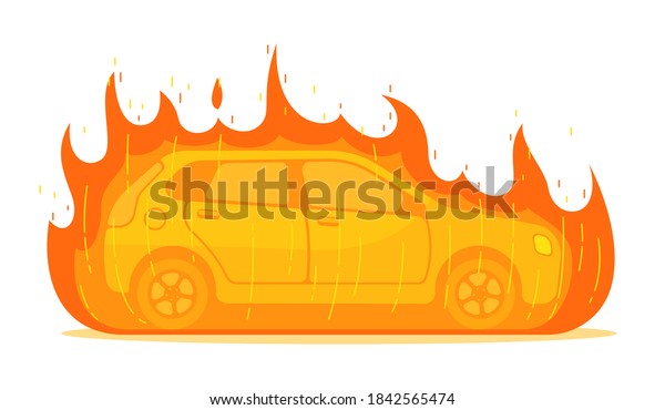 Car on fire.\
Isolated vector car on fire traffic accident or vandalism problem.\
Broken burning auto covered with fire and smoke road trouble\
illustration on white\
background