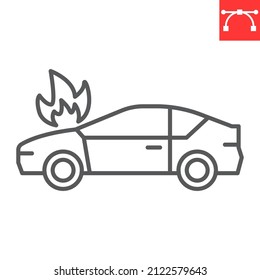 Car On Fire Line Icon, Insurance And Accident, Burning Car Vector Icon, Vector Graphics, Editable Stroke Outline Sign, Eps 10.