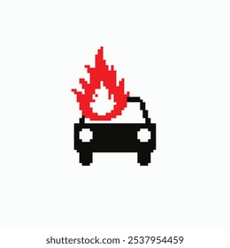 Coche en el icono de píxel de fuego. Ilustración vectorial