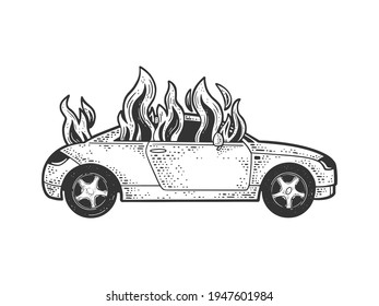 car on fire sketch engraving vector illustration. T-shirt apparel print design. Scratch board imitation. Black and white hand drawn image.