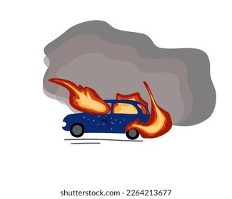 El auto está en llamas y fuma. Ilustración del vector