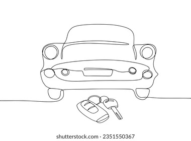 The car is on the ground, and the keys are next to it. Car-free days. One line drawing for different uses. Vector illustration.