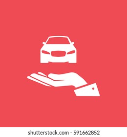 Car On Hand Flat Icon On Red Background