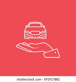 Car On Hand Line Icon On Red Background