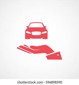 Car On Hand Red Flat Icon On White Background