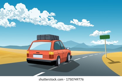 Car on highway with sign post and sunny day