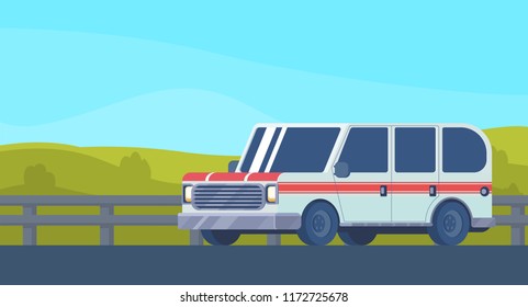 Car on highway. Car for suburban movement, family rest and travel. Web banner. Vector flat illustration.