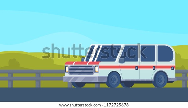 Car on highway. Car for\
suburban movement, family rest and travel. Web banner. Vector flat\
illustration.