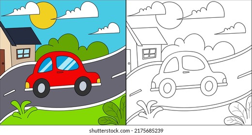 Car on the highway suitable for children's coloring page vector illustration