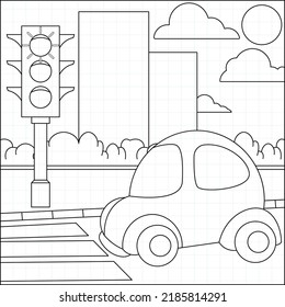Car on the highway suitable for children's coloring page vector illustration