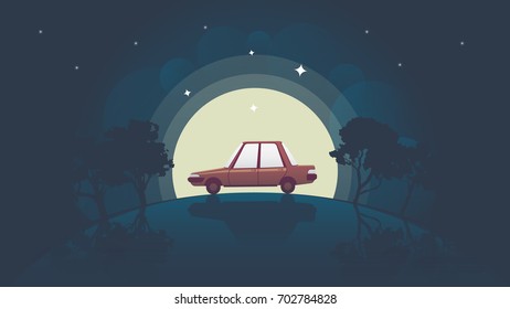 Car on the hill at night vector illustration 