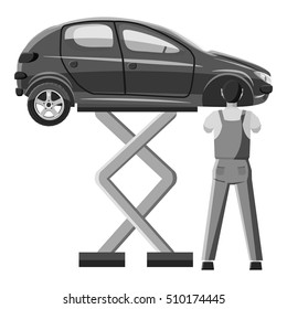 Car is on jack icon. Gray monochrome illustration of car is on jack vector icon for web