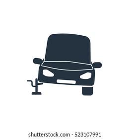 Car On Jack, Open Hood,  Isolated Icon On White Background, Auto Service, Car Repair