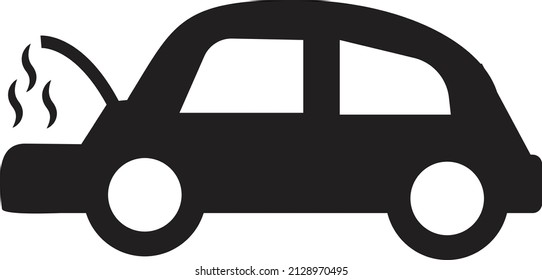 Car On Jack On White Background. Open Hood Sign. Car Repair Symbol. Flat Style.