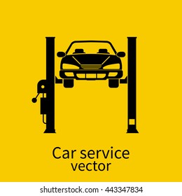 Car On A Lift, Isolated. Repair Icon. Sign Of Service Maintenance Vehicle. Flat Style Vector Illustration. Can Be Used As A Road Sign Of Garage, Service Stations.