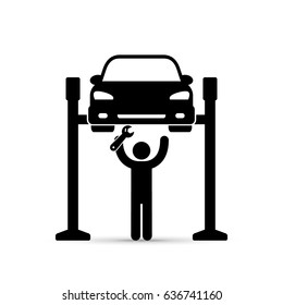 Car On Lift And Mechanic Icon, Vector. Car Service Repair Simple Black Illustration.