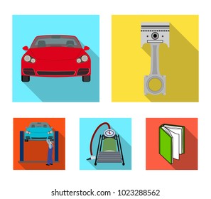 Car on lift, piston and pump flat icons in set collection for design.Car maintenance station vector symbol stock illustration web.
